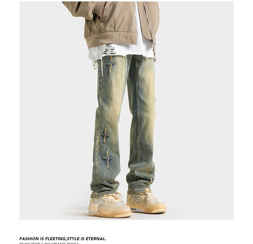 FOEV - Mid Rise Cross Applique Washed Loose Fit Jeans