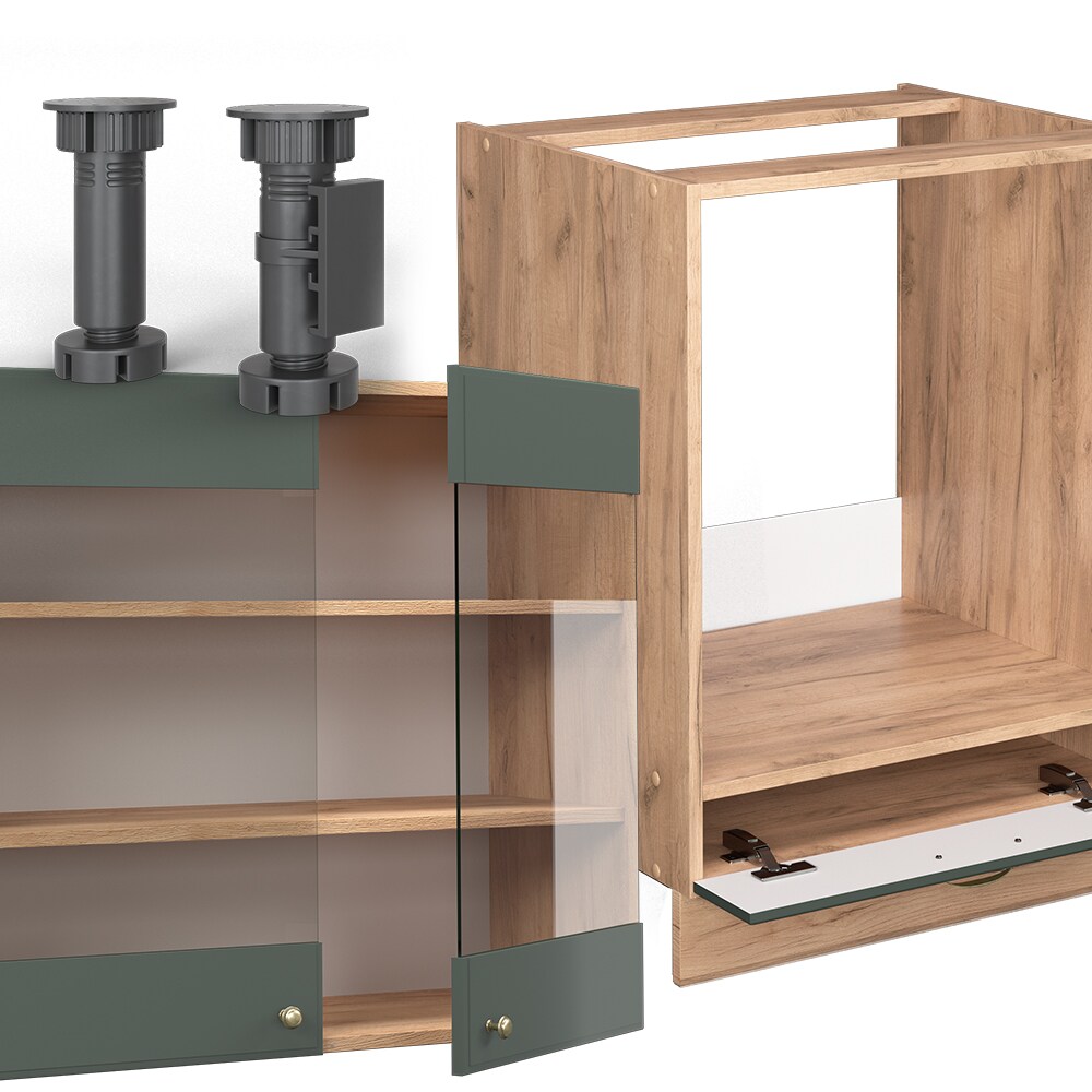 Vicco Eckküche Küchenzeile Einbauküche Fame-Line Landhaus Eiche Grün Gold 190 cm Schubunterschrank Spülenunterschrank Eckunterschrank Herdumbauschrank Hängeglasschrank Hängeschrank