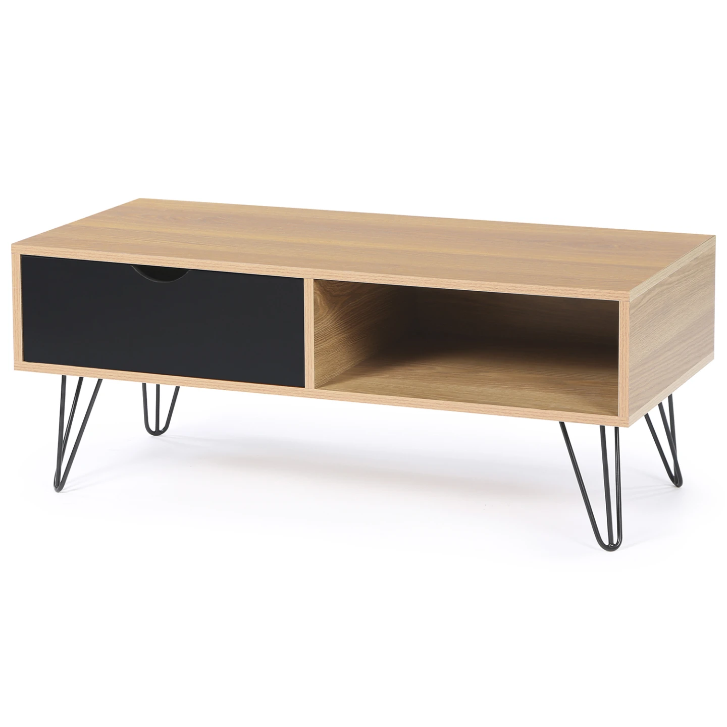 Table basse vintage rectangulaire NOEMI pied épingle bois tiroir noir
