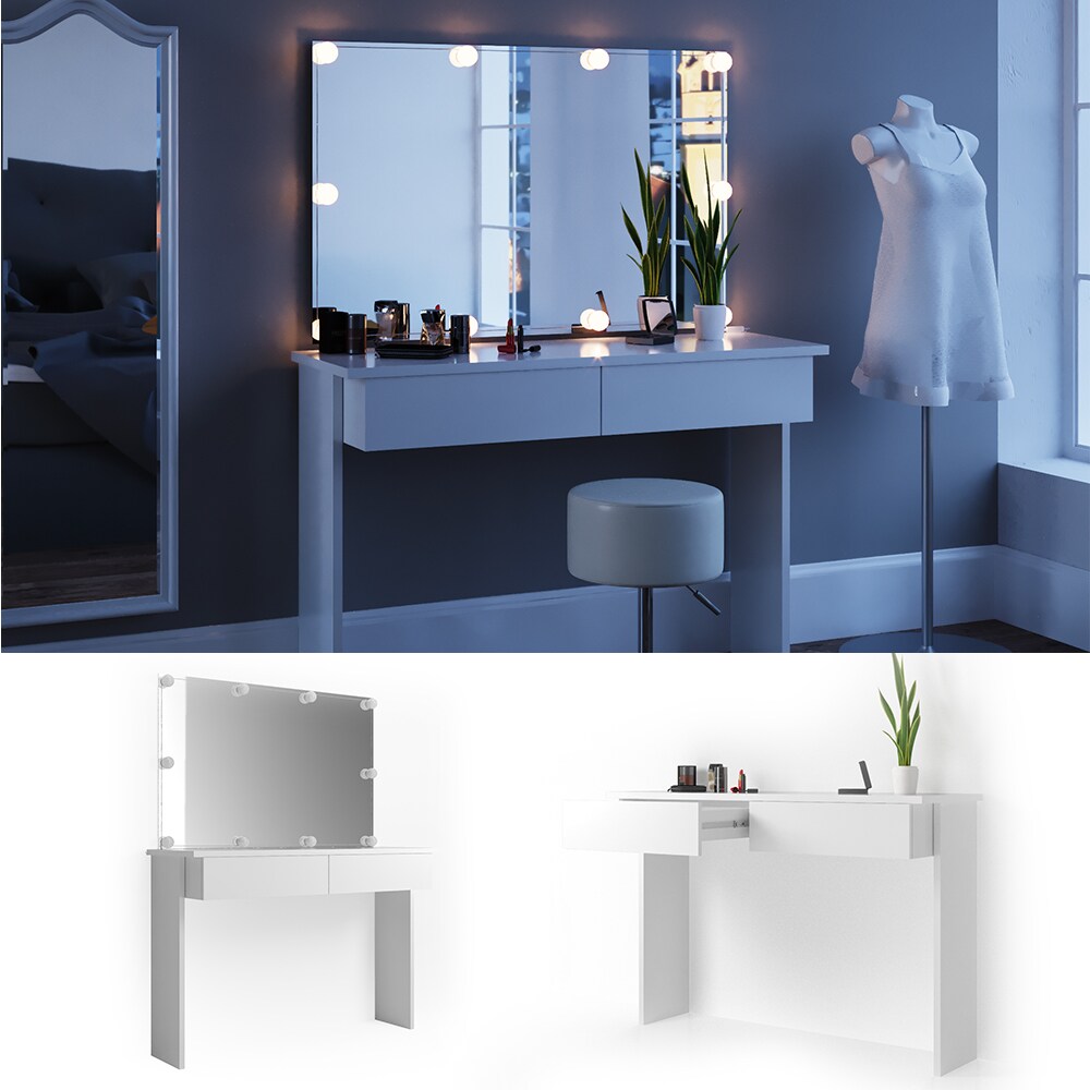 Vicco Schminktisch Azur Kosmetiktisch Frisiertisch Frisierkommode Weiß Hochglanz inklusive Spiegel und LED-Lichterkette