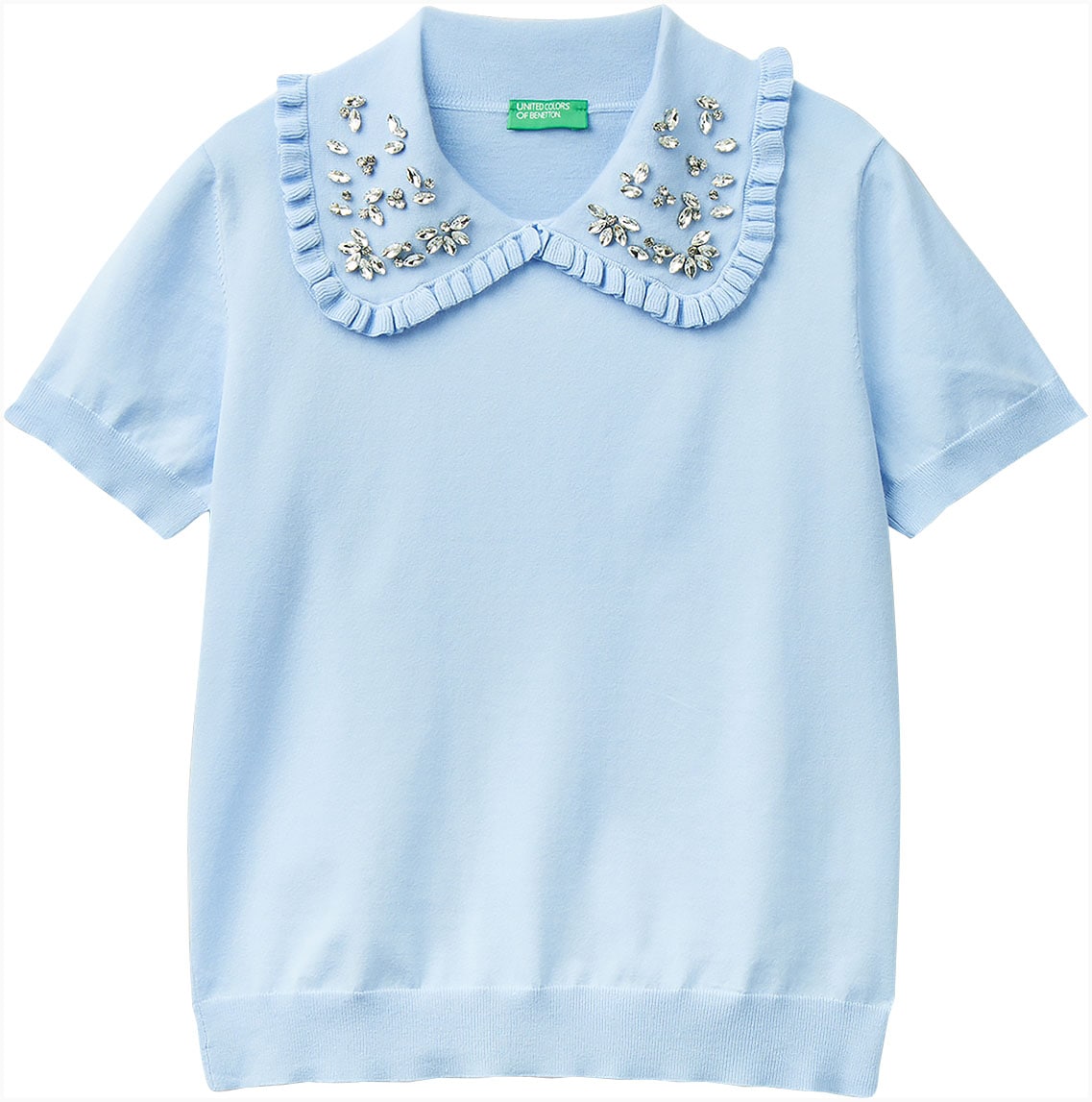 United Colors of Benetton Kurzarmpullover , Kragen mit kleinen Rüschen am Rand und appliziertem Strass