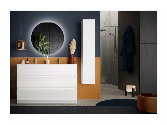 Meuble de salle de bain avec deux vasques et 3 tiroirs, collection VIENNE. Coloris blanc brillant