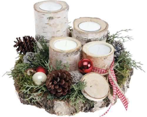 Adventsbloemstuk, tafelstuk, Ø 20 cm, H ca. 14 cm, berkenhouten schijf inclusief 4 waxinelichtjes van berkenhout, rood decor