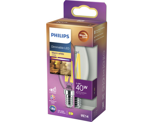 LED kaarslamp, dimbaar, B35 helder, E14/3,4W (40W equivalent), 470 lm, 2200-2700 K, warm wit, warme gloed