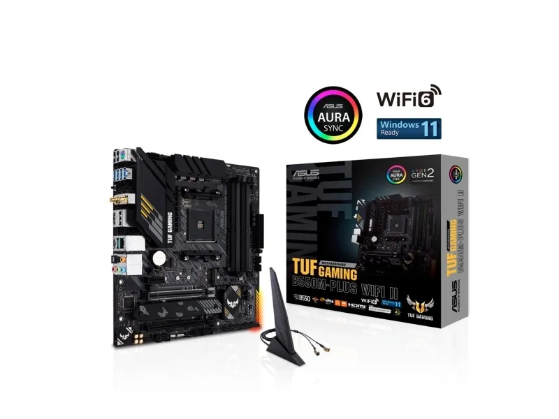 ASUS TUF GAMING B550M-PLUS WIFI II - Bundkort - micro ATX - Socket AM4 - AMD B550 Chipset - USB-C Gen2, USB 3.2 Gen 1, USB 3.2 Gen 2 - 2.5 Gigabit LAN, Wi-Fi 6, Bluetooth - onboard grafik (CPU påkrævet) - HD Audio (8-kanaler)