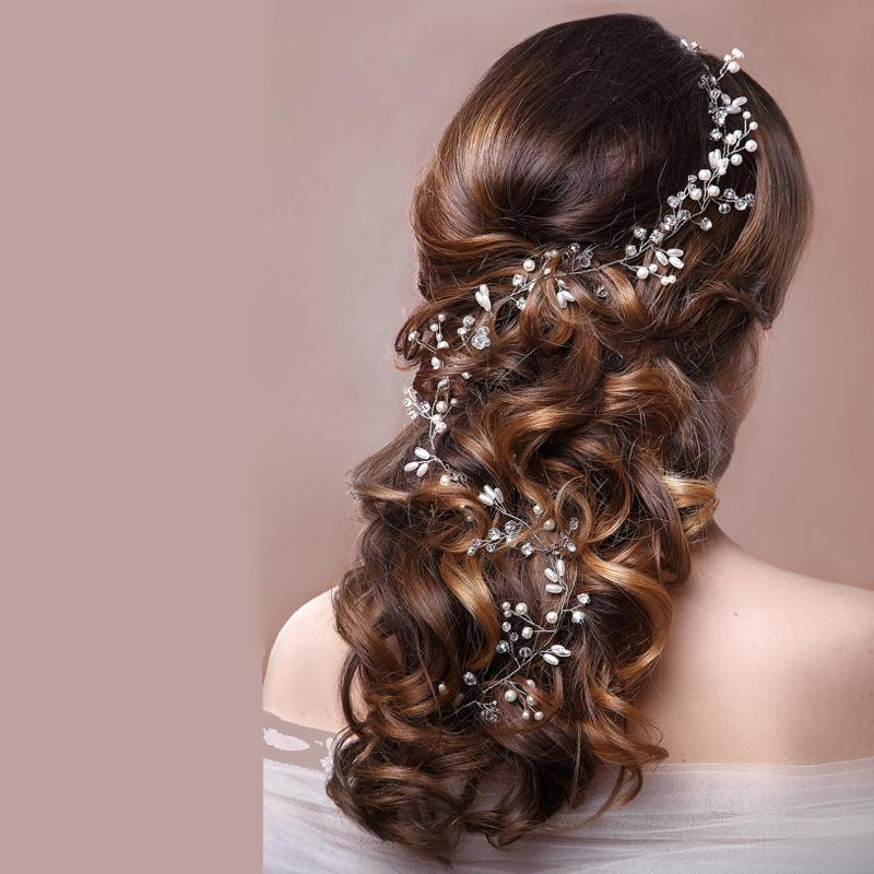 (100cm) Haarschmuck Braut Frisur Kette Strass / Perlen Band - Silber