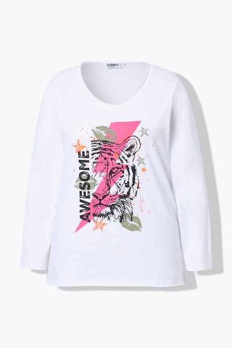 T-Shirt, A-Linie, Tiger-Motiv, offenkantig