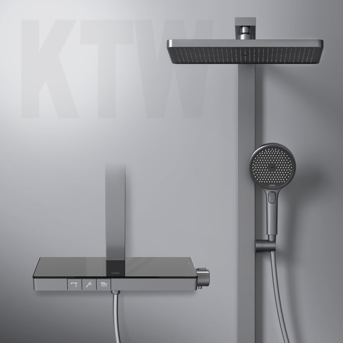 EMKE Douchesysteem met thermostaat, doucheset, douchekolomset met thermostaatplaat 40 cm, douchestang, handdouche met 4 straalsoorten, regendouche, waterafvoer, antraciet mat