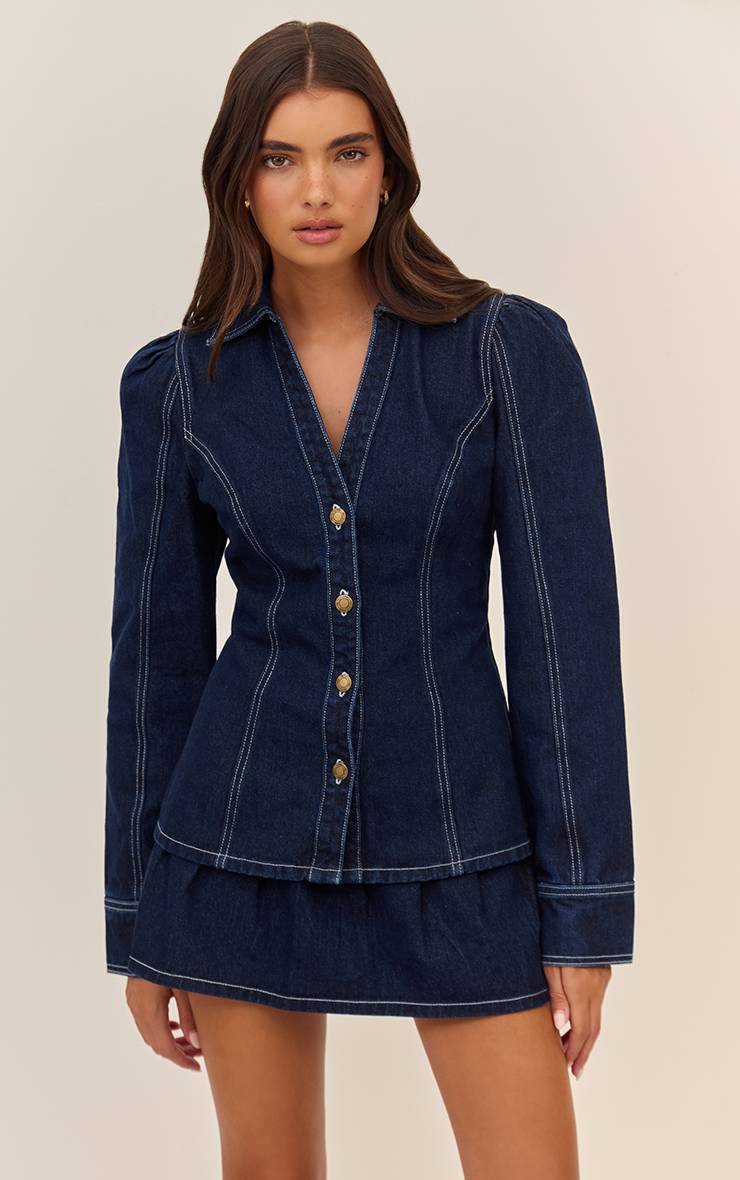 Bleu Indigo Chemise En Denim À Taille Cintrée