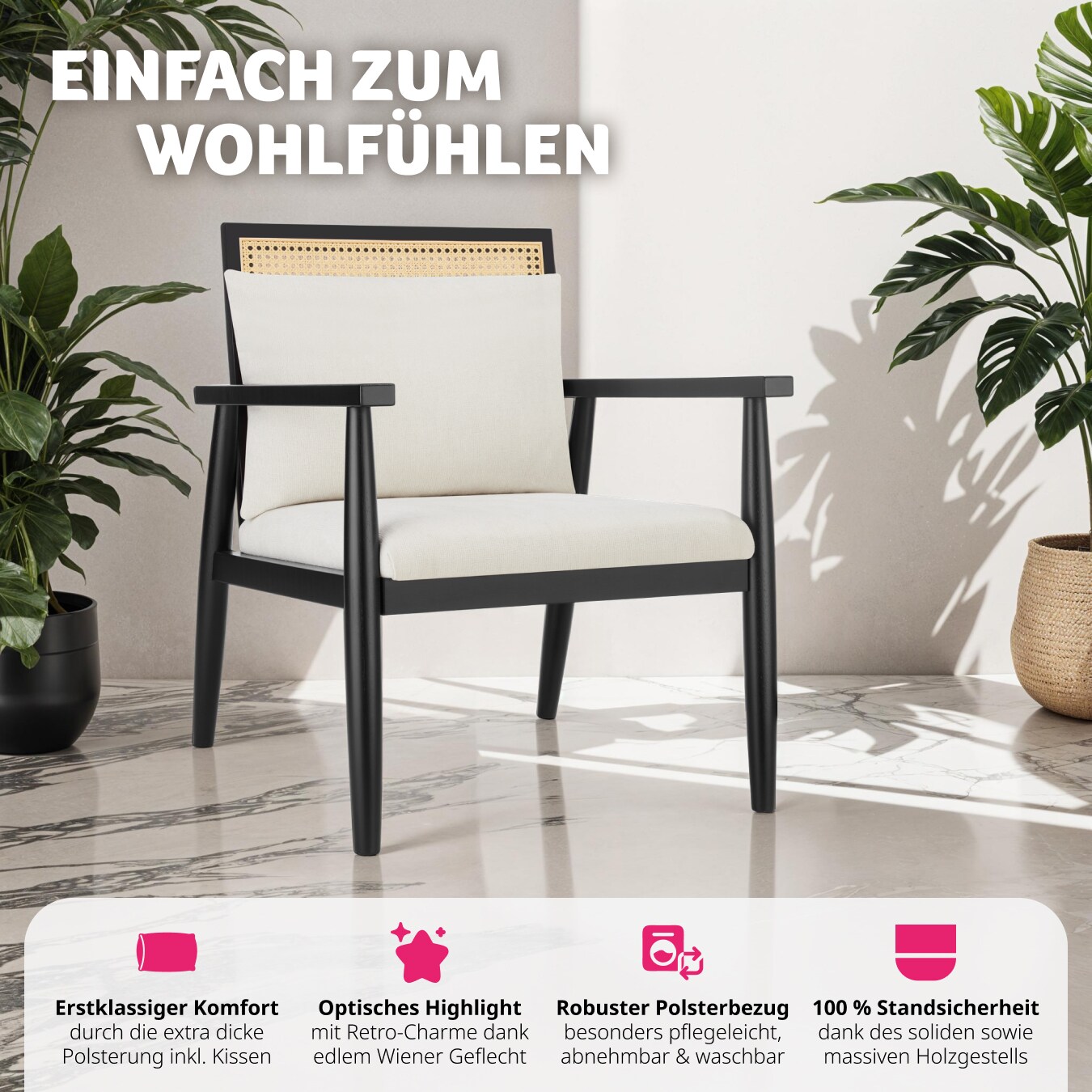 tectake® Loungesessel, dick gepolstert, mit extra Rückenkissen, große Rückenlehne mit Wiener Geflecht, 67 x 70 x 82 cm