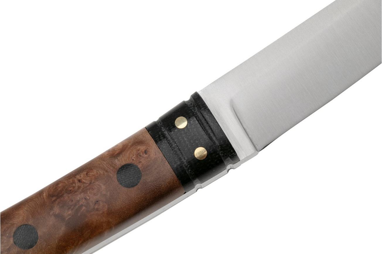 Bark River Kitsuné CPM 154 Natural Maple Burl Black Micarta Bolster and Pins, vaststaand mes