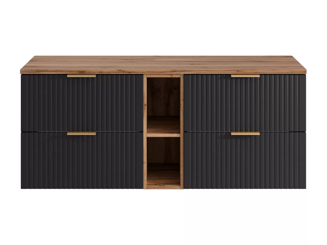 Meuble sous vasque suspendu strié avec niches - Noir et naturel clair - L140 cm - ZEVARA
