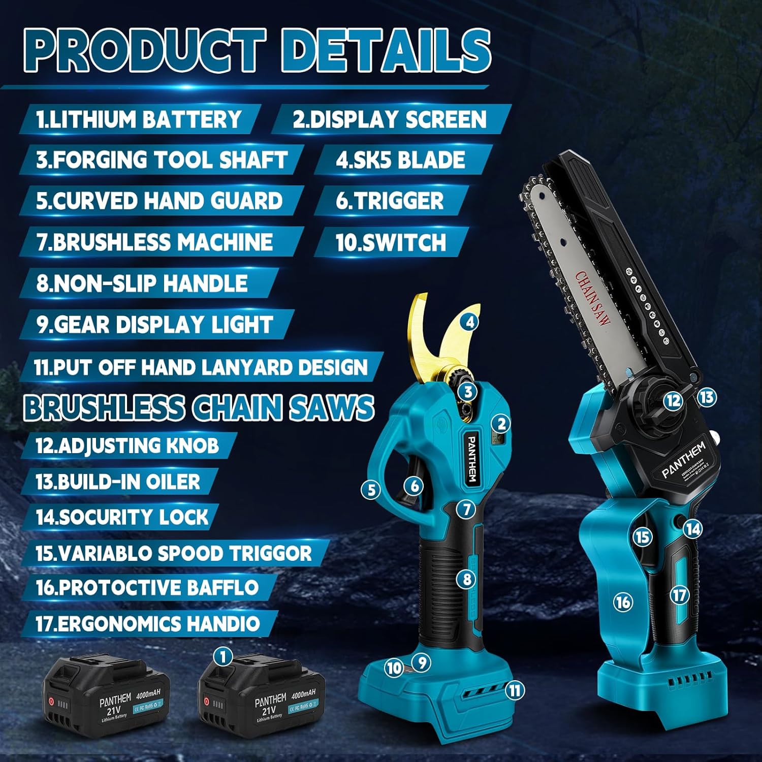 4 in 1 Akku Hochentaster 6 Zoll Mini Kettensäge mit Akku & 45 mm Teleskop Astsäge für Makita 18V, Elektrische Gartenschere, 21V 4000mAh, Baumschere Astschere mit Teleskop Stange