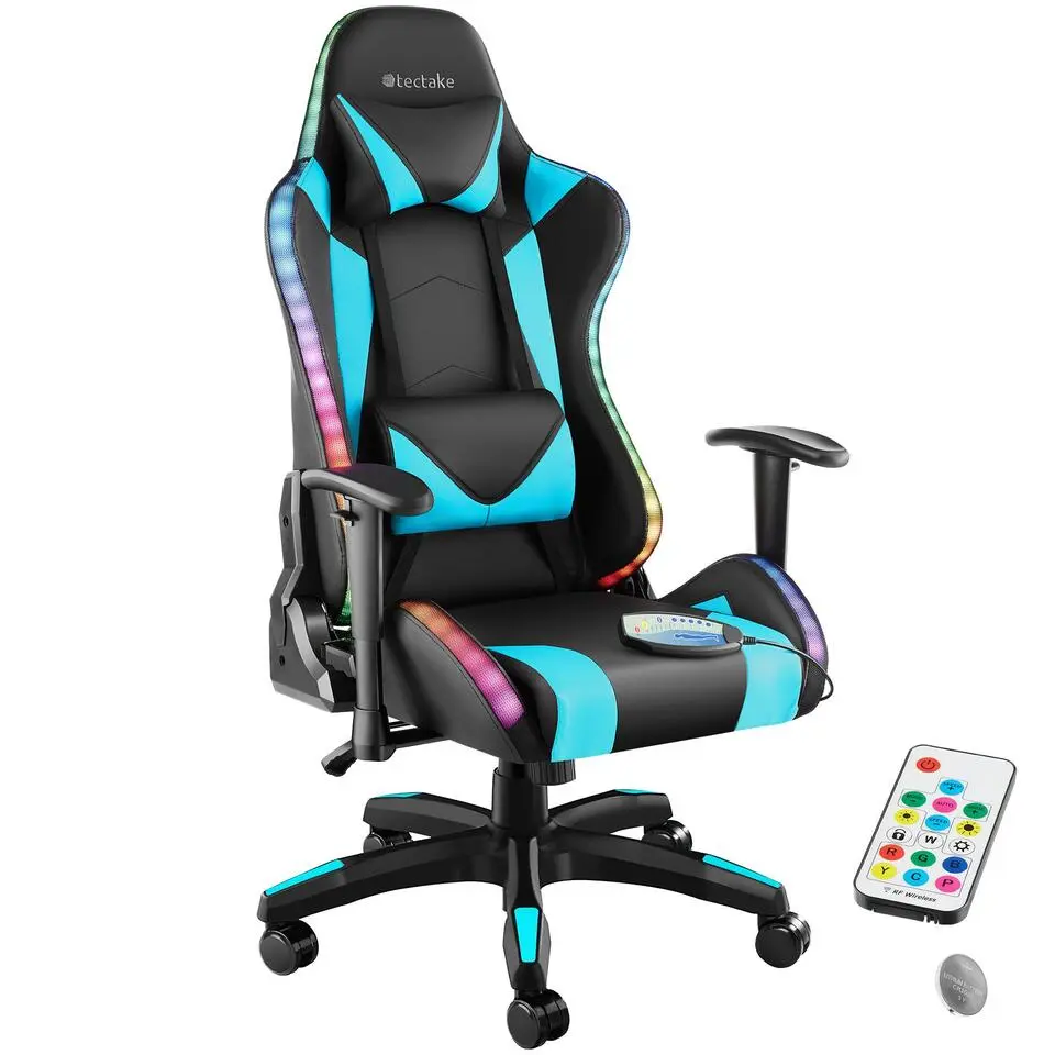tectake Gaming stoel Tartaros, LED, massagefunctie, Zwart/azuur