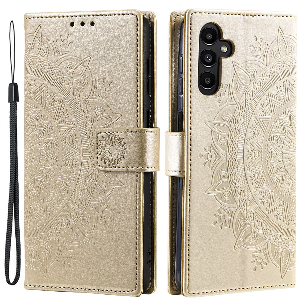 Samsung Galaxy A55 Leder Tasche Wallet - Mandala Flowers Imprint - Gold
