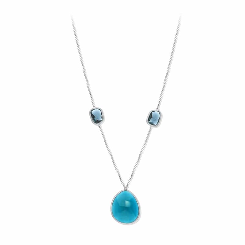 Collier Sautoir Argent Rhodie Gros Galet Bleu
