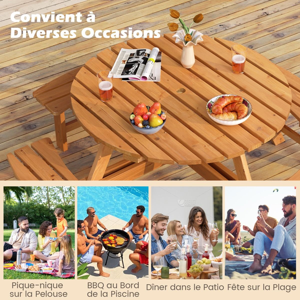 Ensemble Table de Pique-Nique en Bois pour 2 à 8 Personnes Set Table et Banc Circulaire avec 4 Bancs Intégrés Trou de Parasol de 5cm Marron/Jaune - Lidl-Manfred