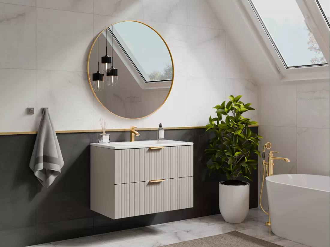 Meuble sous vasque suspendu strié - Beige - L80 cm - ZEVARA