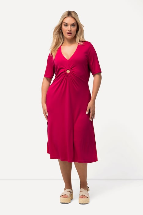 Jersey-Midikleid, A-Linie, V-Ausschnitt, Halbarm