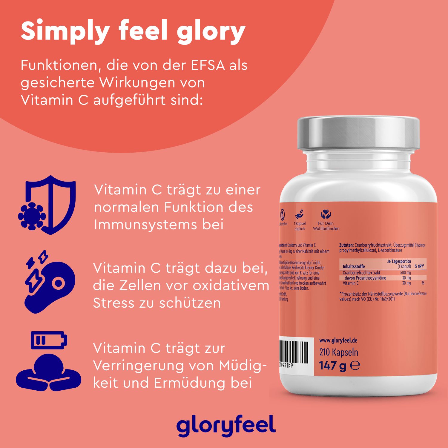 gloryfeel® Cranberry Extrakt + Vitamin C  Kapseln