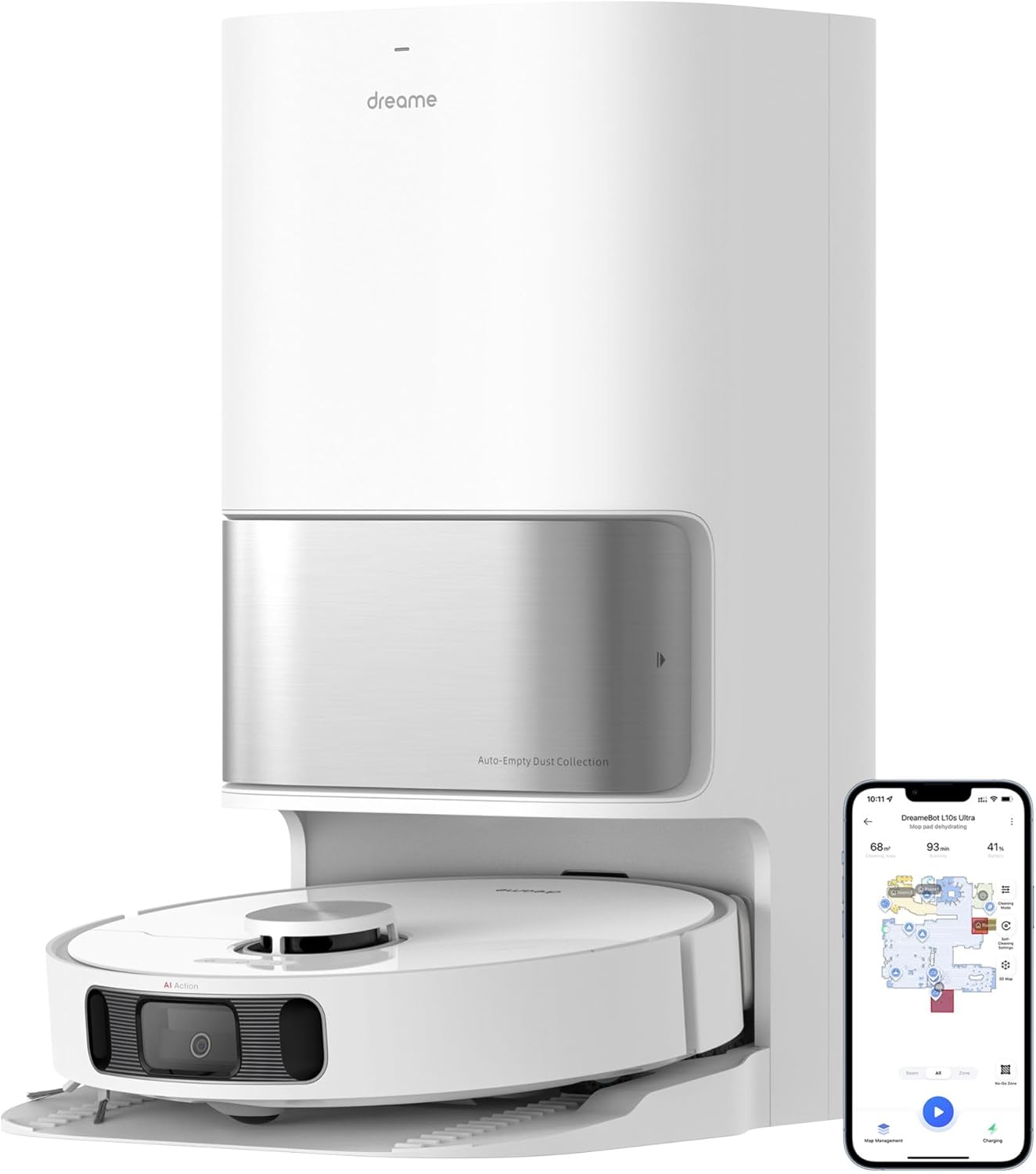 dreame L10s Ultra Saugroboter mit Wischfunktion und automatische (Staubentleerung, Wischpads Selbstreinigung) 3D-Hinderniserkennung, 5300Pa Teppiche Tierhaare, 210m Akku, WiFi/APP, Weiß