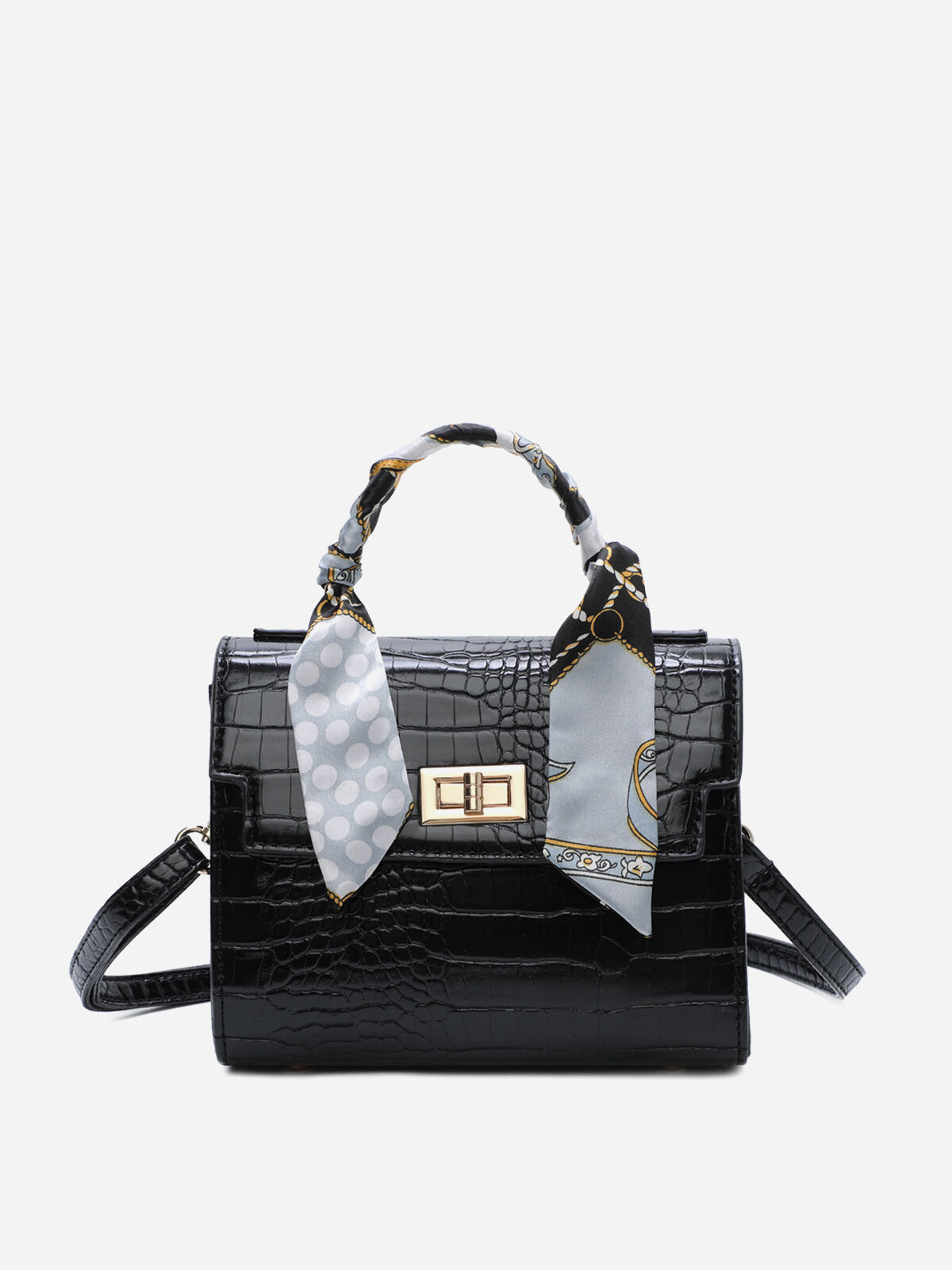 Sac à main effet croco avec foulard- Noir