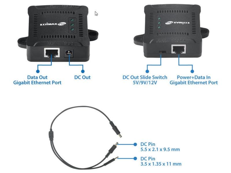 Edimax PoE  Splitter GP-101S 1 Gbps, 5,9,12 Volt 802.3af/at Gigabit PoE -Splitter