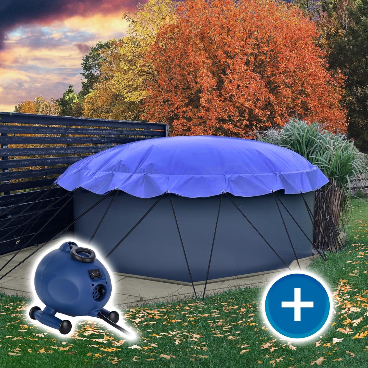 Aufblasbare Abdeckplane für Pool rund, inkl. Pumpe, Air Cover, wasserdicht, reißfest, Luftkissen (5,00 m, Blau)