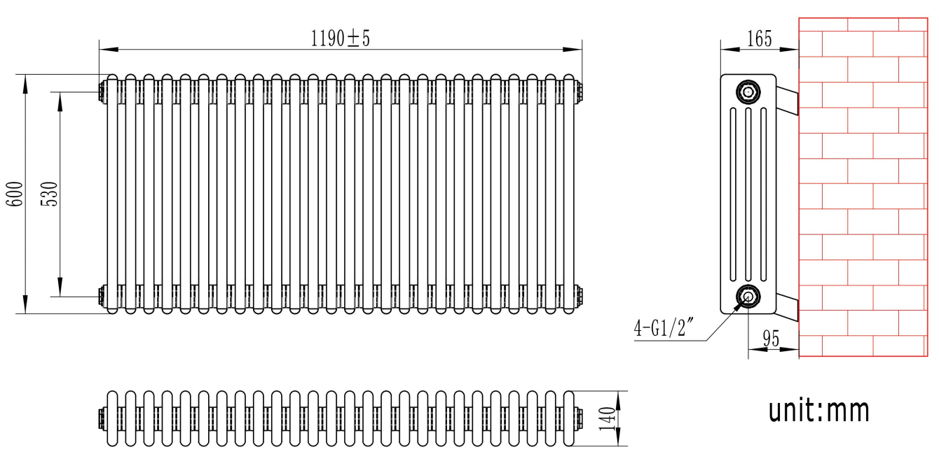 Eastbrook Rivassa 4 koloms radiator 120x60cm staal 2510W zwart mat