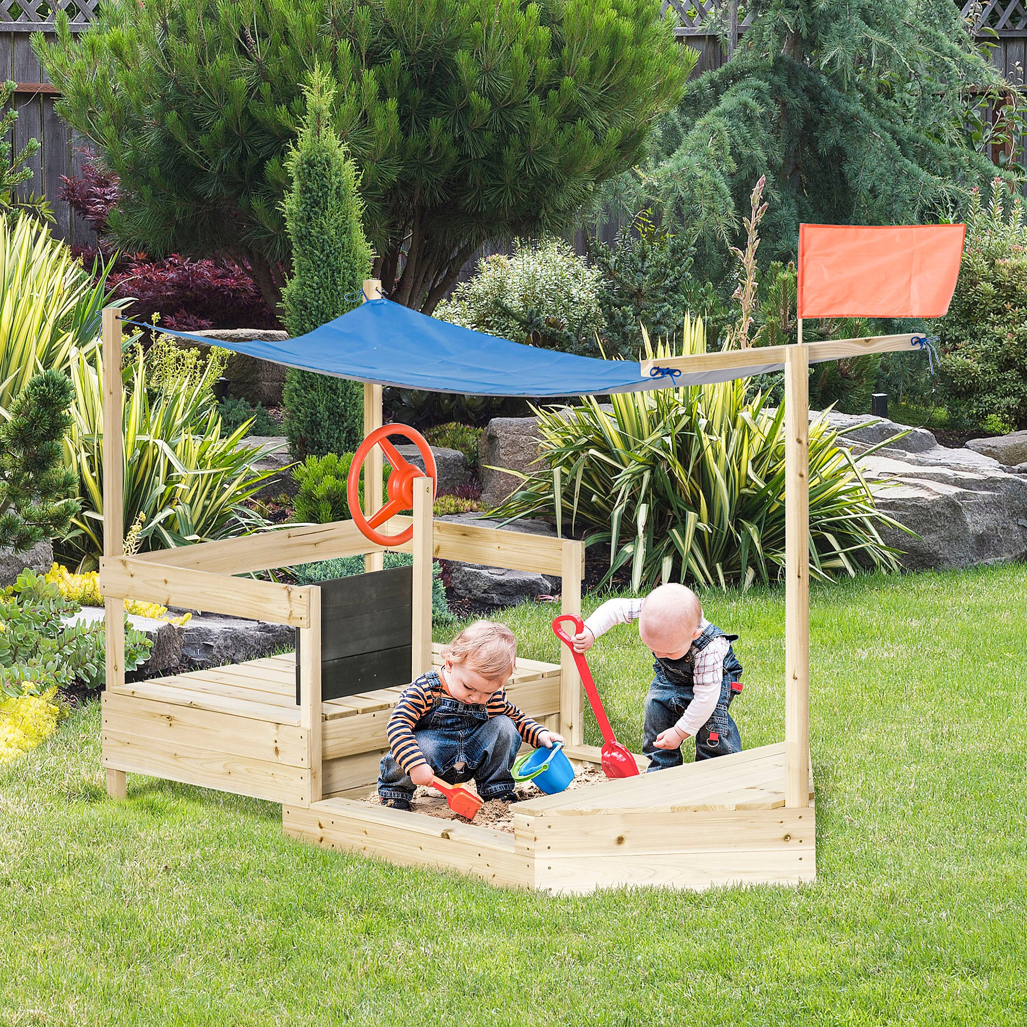 Caixa de areia infantil de madeira Outsunny, caixa de areia para jardim, design de galeão com vela, toldo, quadro-negro, bandeira vermelha e roda para crianças a partir de 3 anos, 180x91,5x144 cm, natural