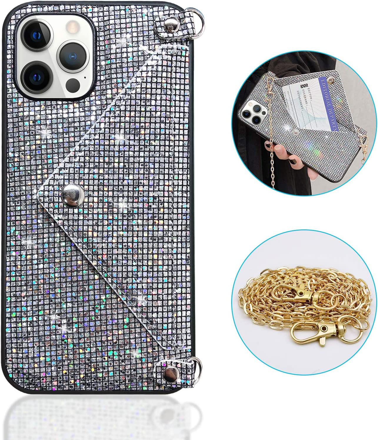 iPhone 13 Pro Necklace Schutz Hülle mit Kartenfach   Handykette (115cm) - Schwarz (Glitzer)