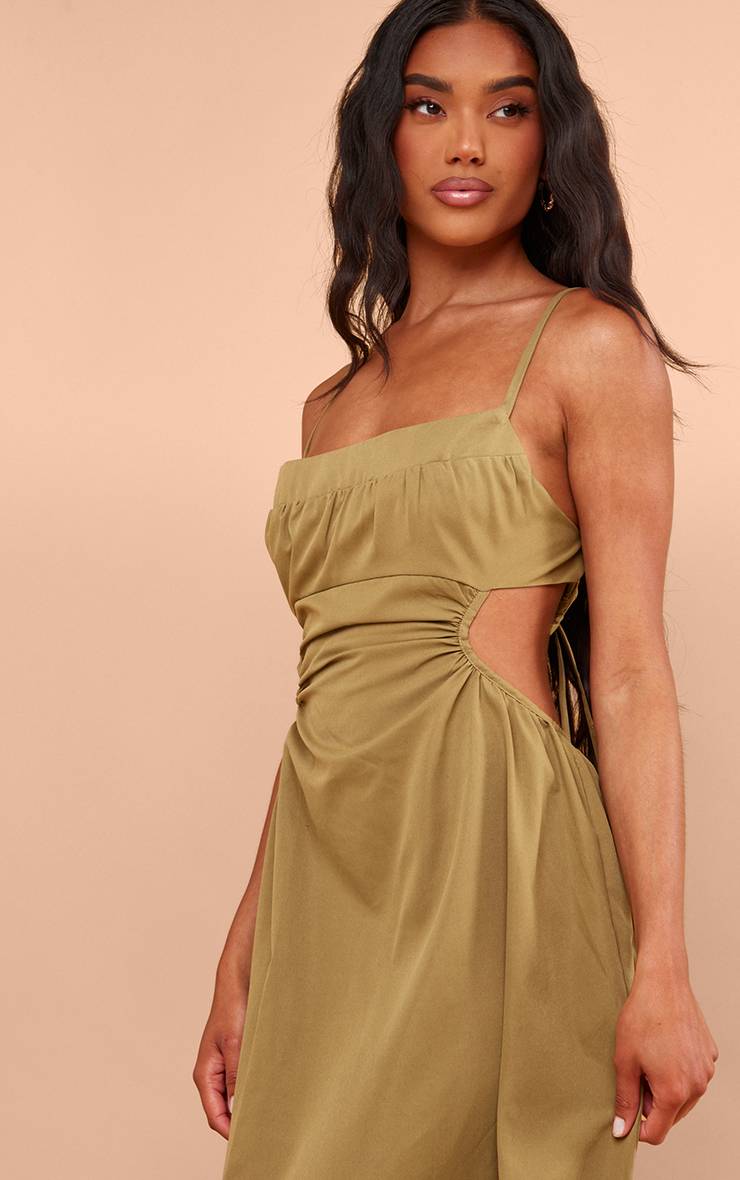 Vert Olive Robe Longue Dos Découpé