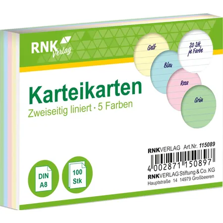 RNK Verlag 100 Karteikarten DIN A8 farbig sortiert liniert