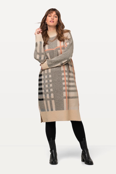 Strickkleid, Karo, Stehkragen, Langarm, Wollanteil
