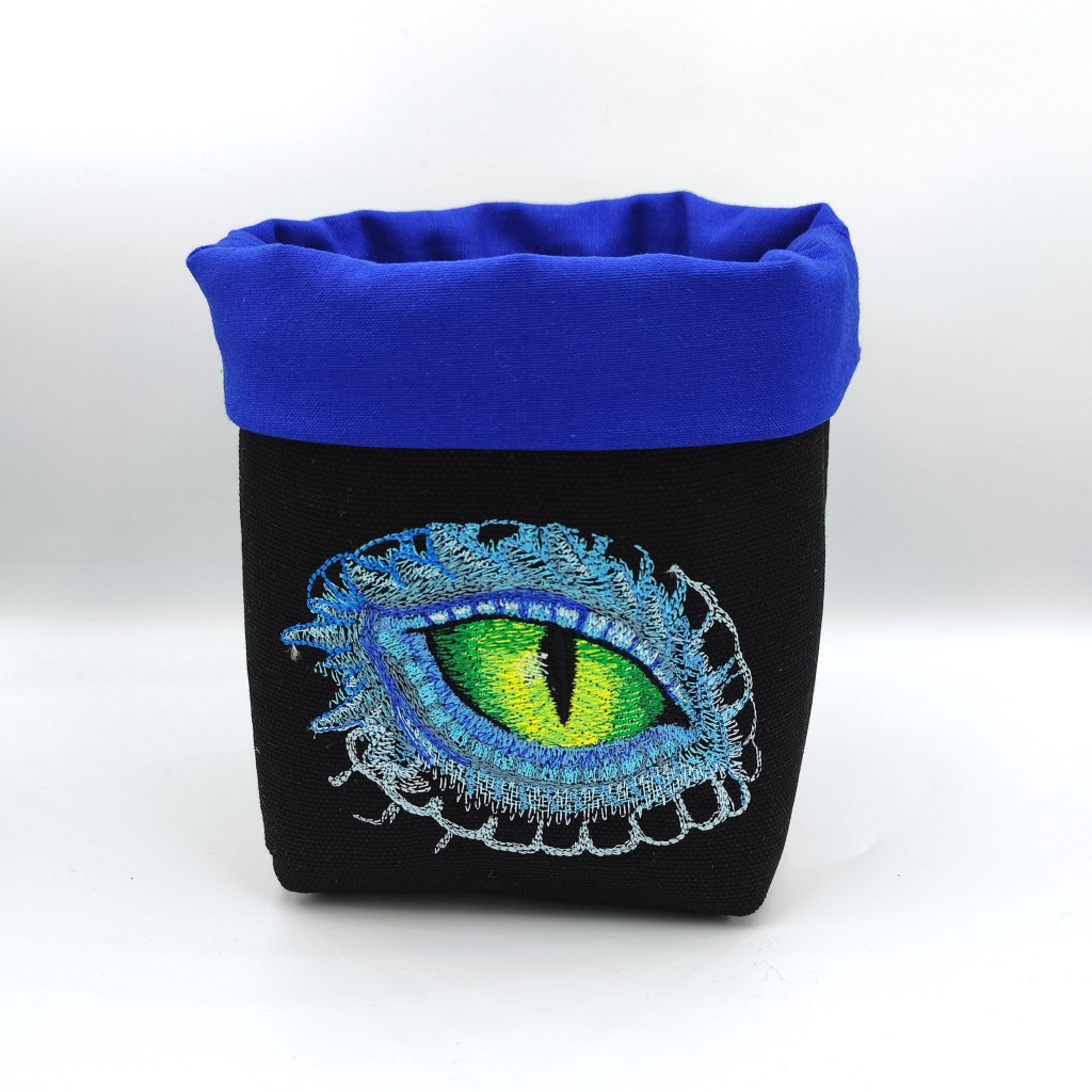 Bourse à dés carrée noir et bleu roi - motif oeil de dragon