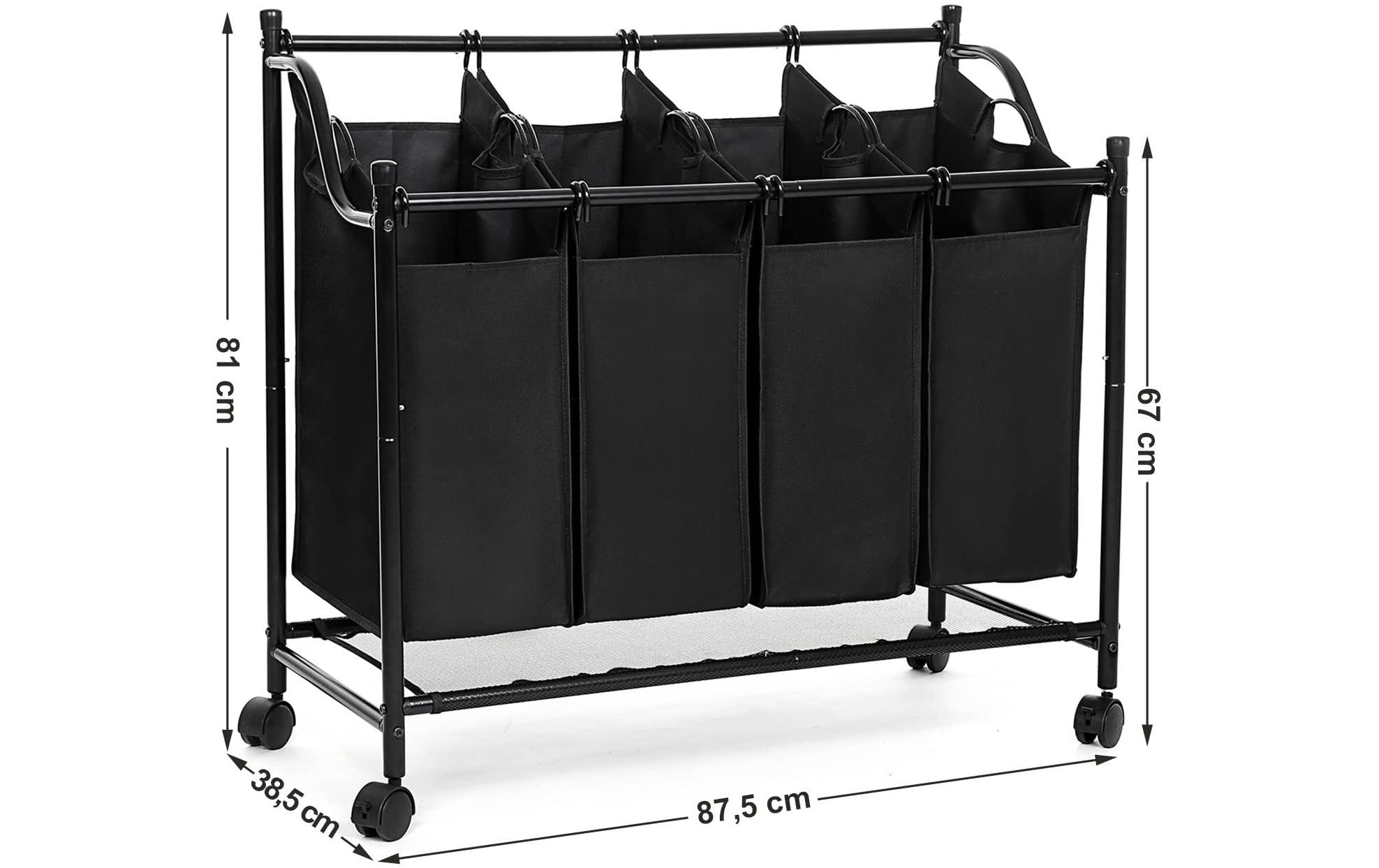 Wäschesammler mit 4 Fächern 120 l, SchwarzWäschewagen mit 3 Fächern