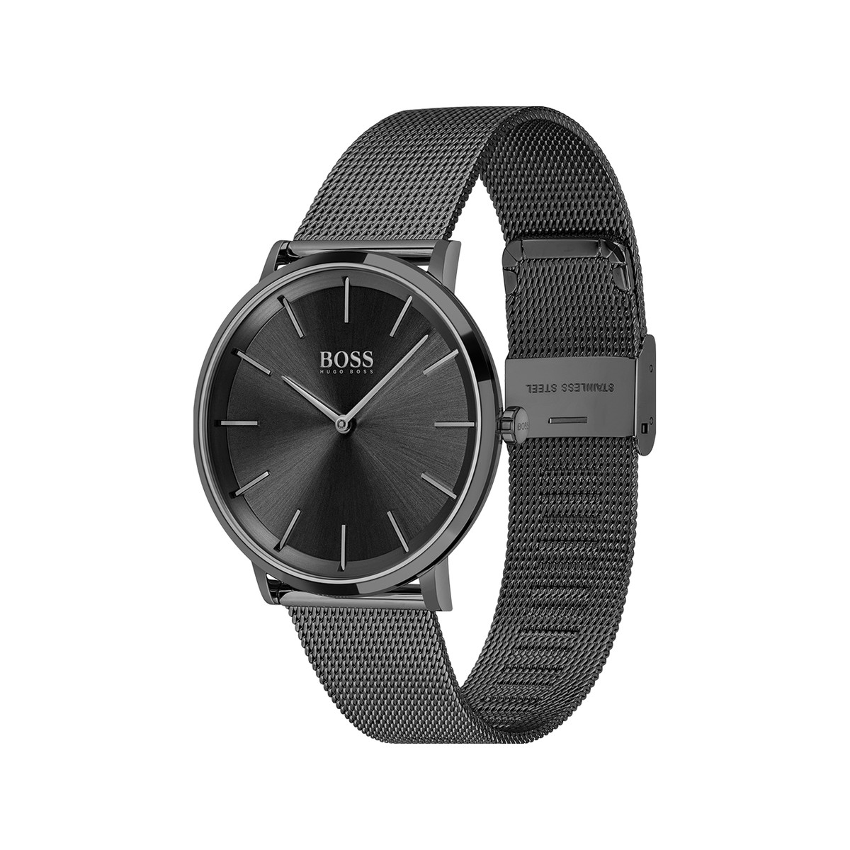 Montre boss homme acier noir bracelet acier noir maille milanaise