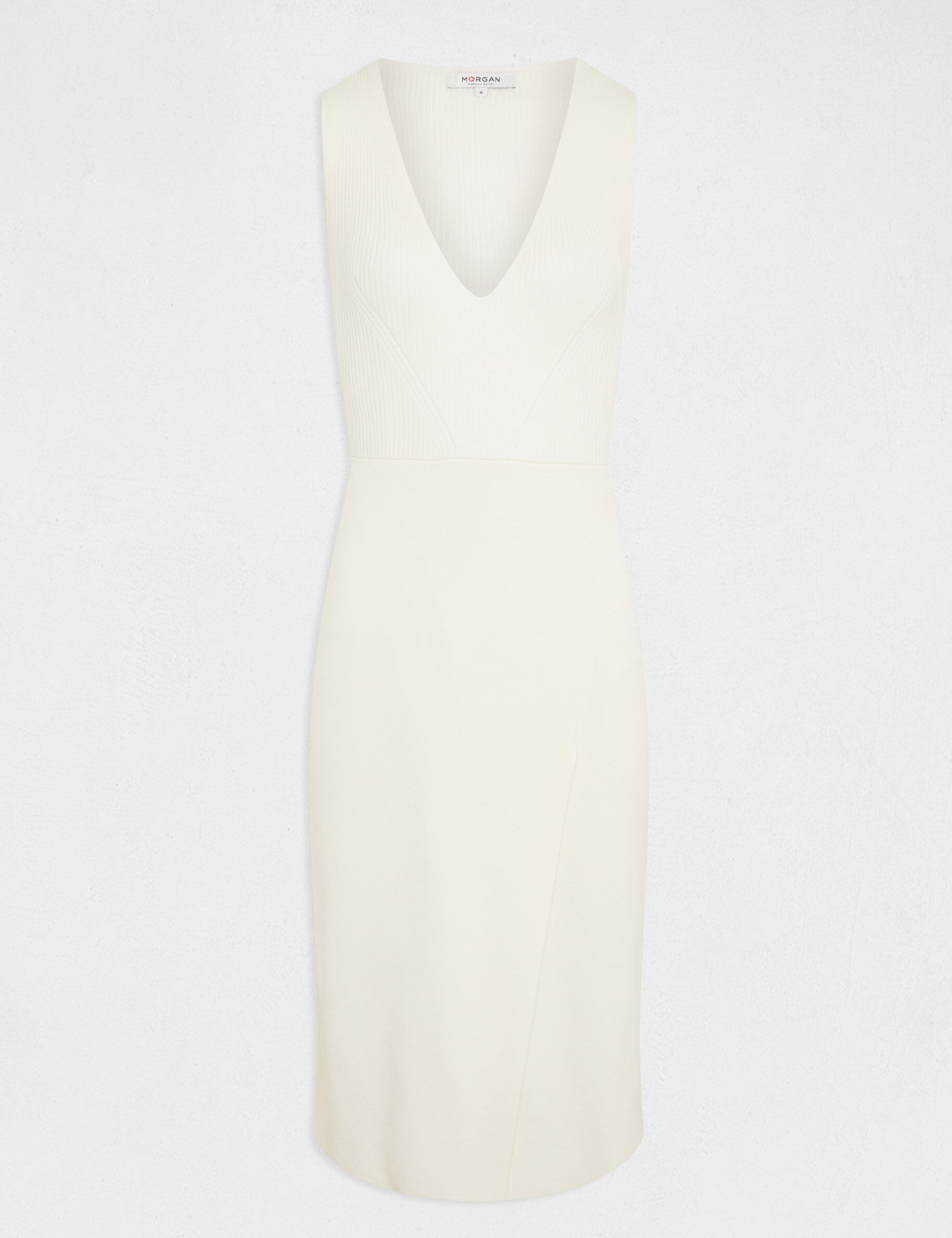 Robe pull midi ajustée col en V ivoire femme - ivoire