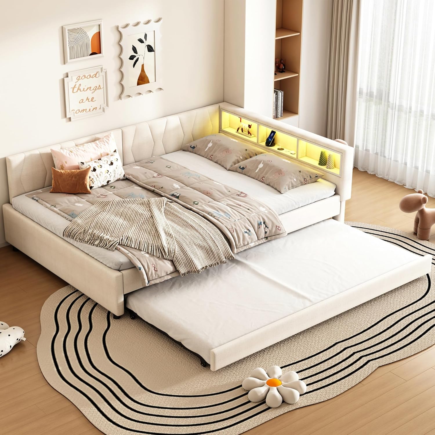 Polsterbett Schlafsofa 140x200, Doppelbett mit Ausziehbett, Daybett mit LED Staufach, Tagesbett mit USB Typ C Ladefunktion, Jugendbett Kinderbett Gästebett, Leinen, ohne Matratze, Beige