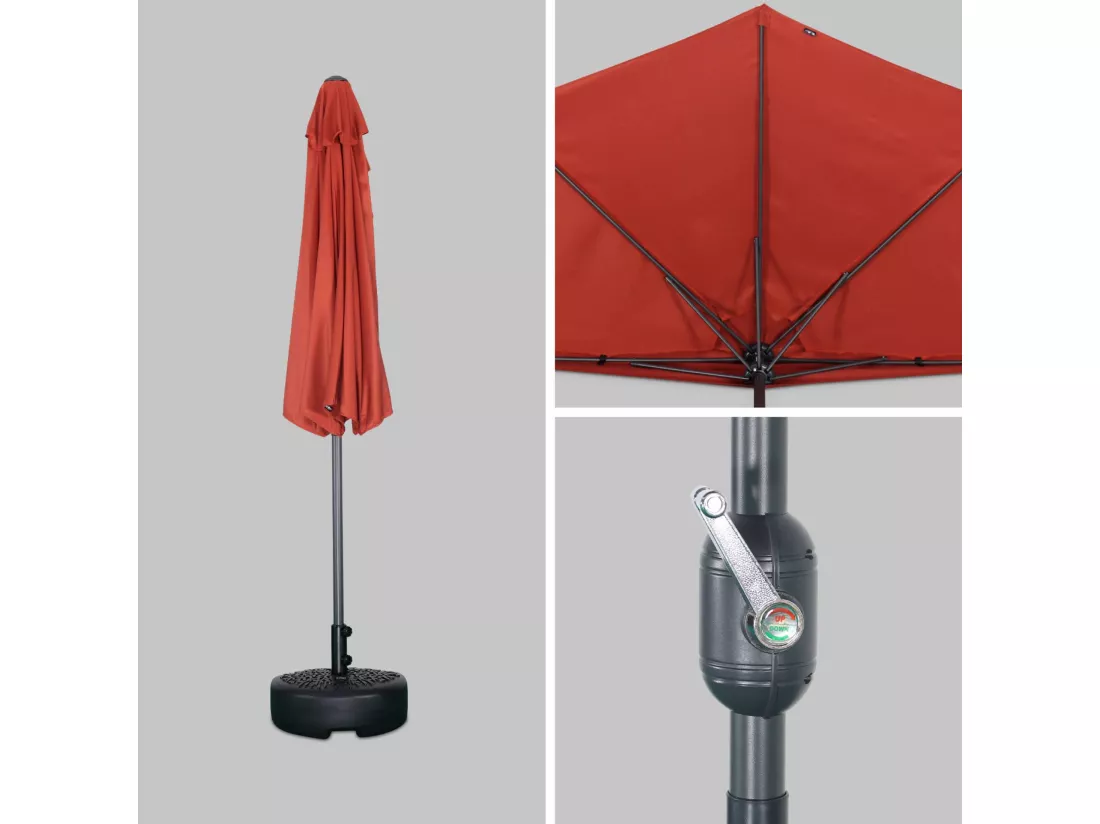 Parasol de balcon Ø250cm – CALVI – Demi-parasol droit. mât central en aluminium avec manivelle d’ouverture. toile terracotta