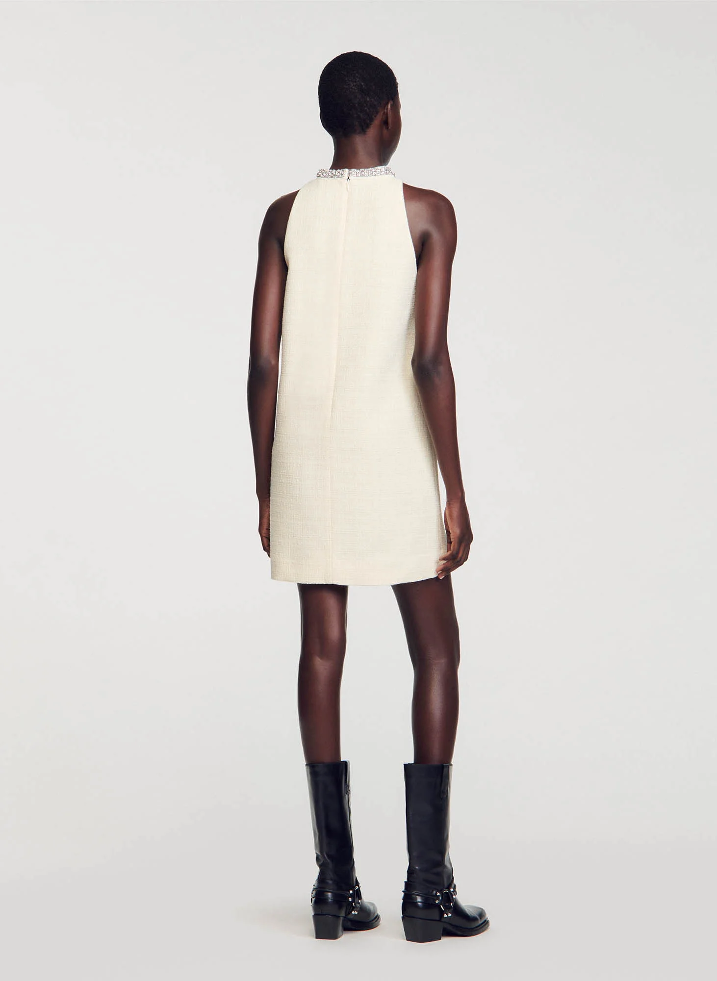 Robe courte col rond à bijoux| Blanc