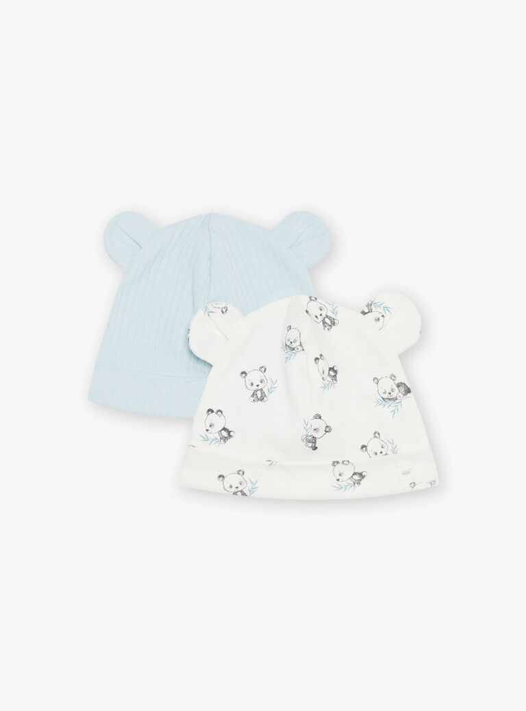 Lot de 2 bonnets de naissance bleu et écru en coton biologique