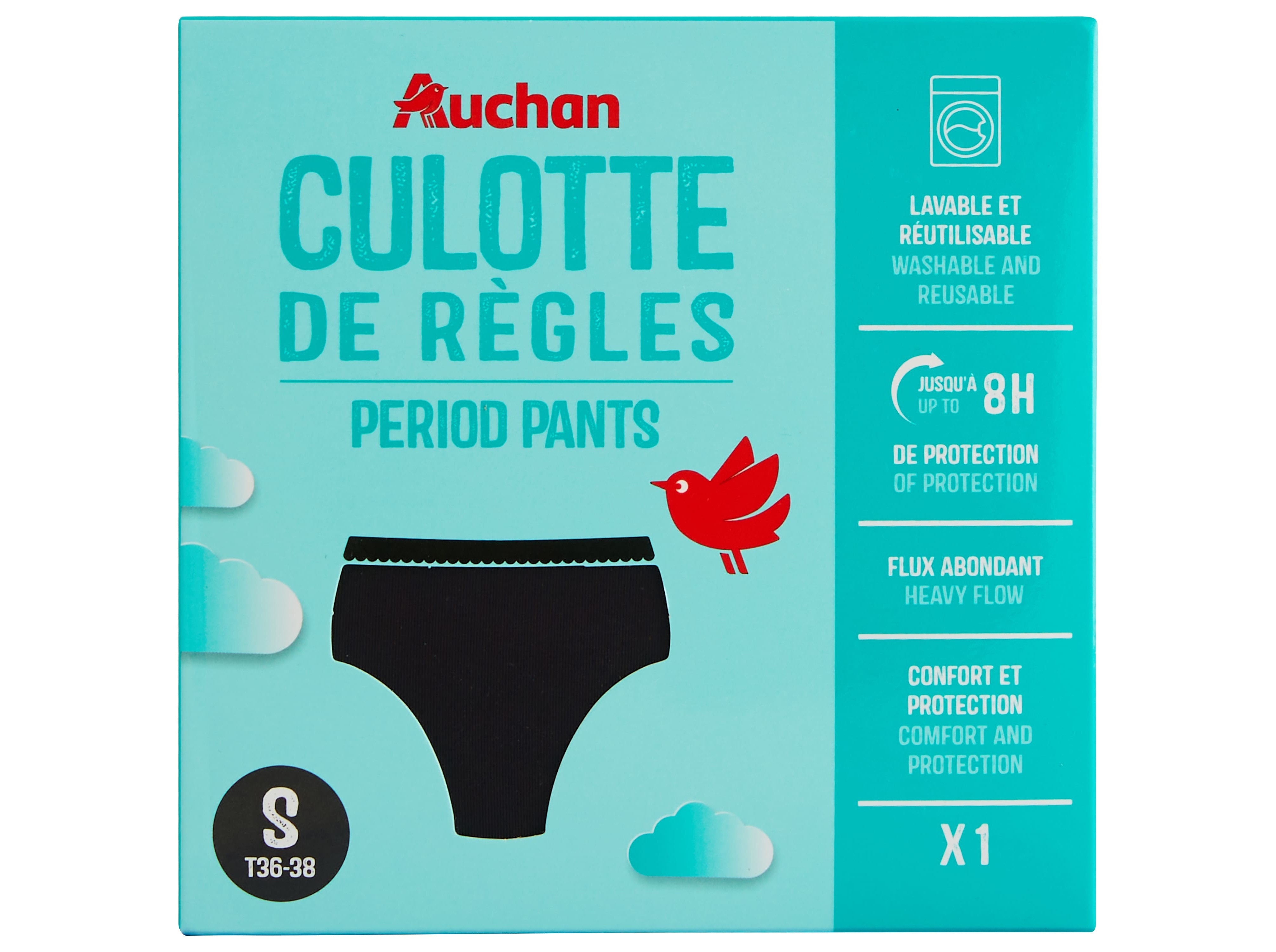CUECA MENSTRUAL AUCHAN PRETO FLUXO ABUNDANTE S 1UN