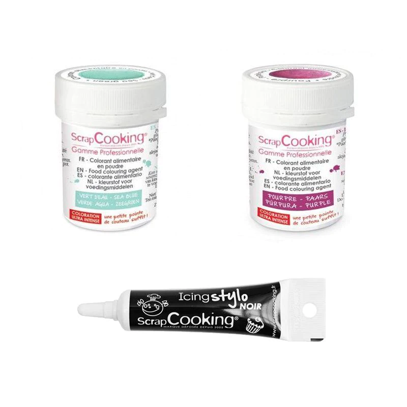 2 colorants alimentaires pourpre-vert d'eau + Stylo glaçage noir Scrap