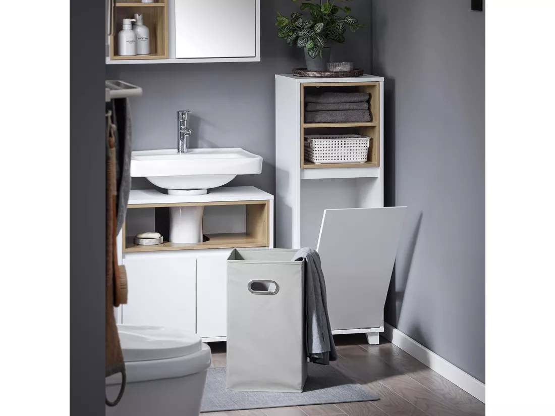 SoBuy BZR146-W Meuble Bas de Salle de Bain, Armoire de Rangement Salle de Bain, Meuble Demi-Colonne sur Pied, Placard WC Étroit avec 1 Panier à Linge, Blanc, 35x30x105cm