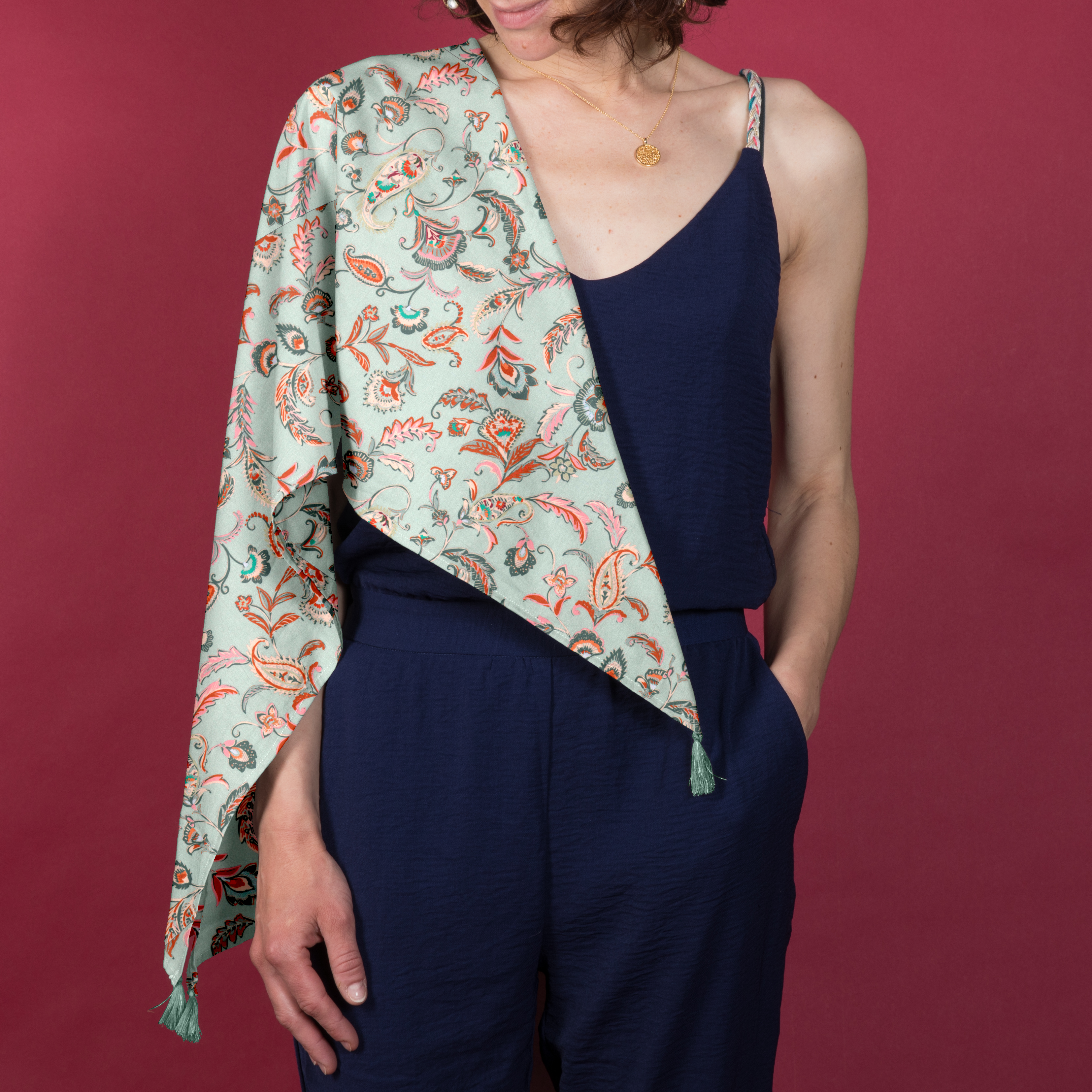 Foulard Pompon Vert Bohème