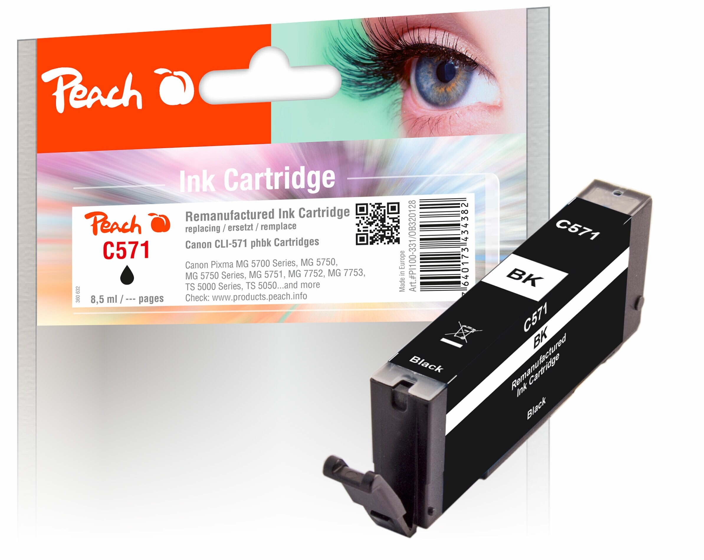 Peach C571 BK Druckerpatrone bkph ersetzt Canon CLI-571BK, 0385C001 für z.B. Canon Pixma TS 5050, Canon Pixma TS 5055, Canon Pixma MG 5753 (wiederaufbereitet)