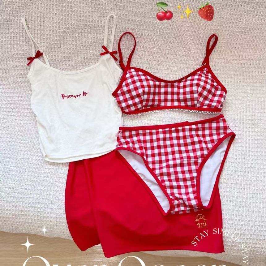 Honolulu - Geruite bikini / Camisole top met geborduurde letters en strik / Mini-kokerrok met hoge taille / Set