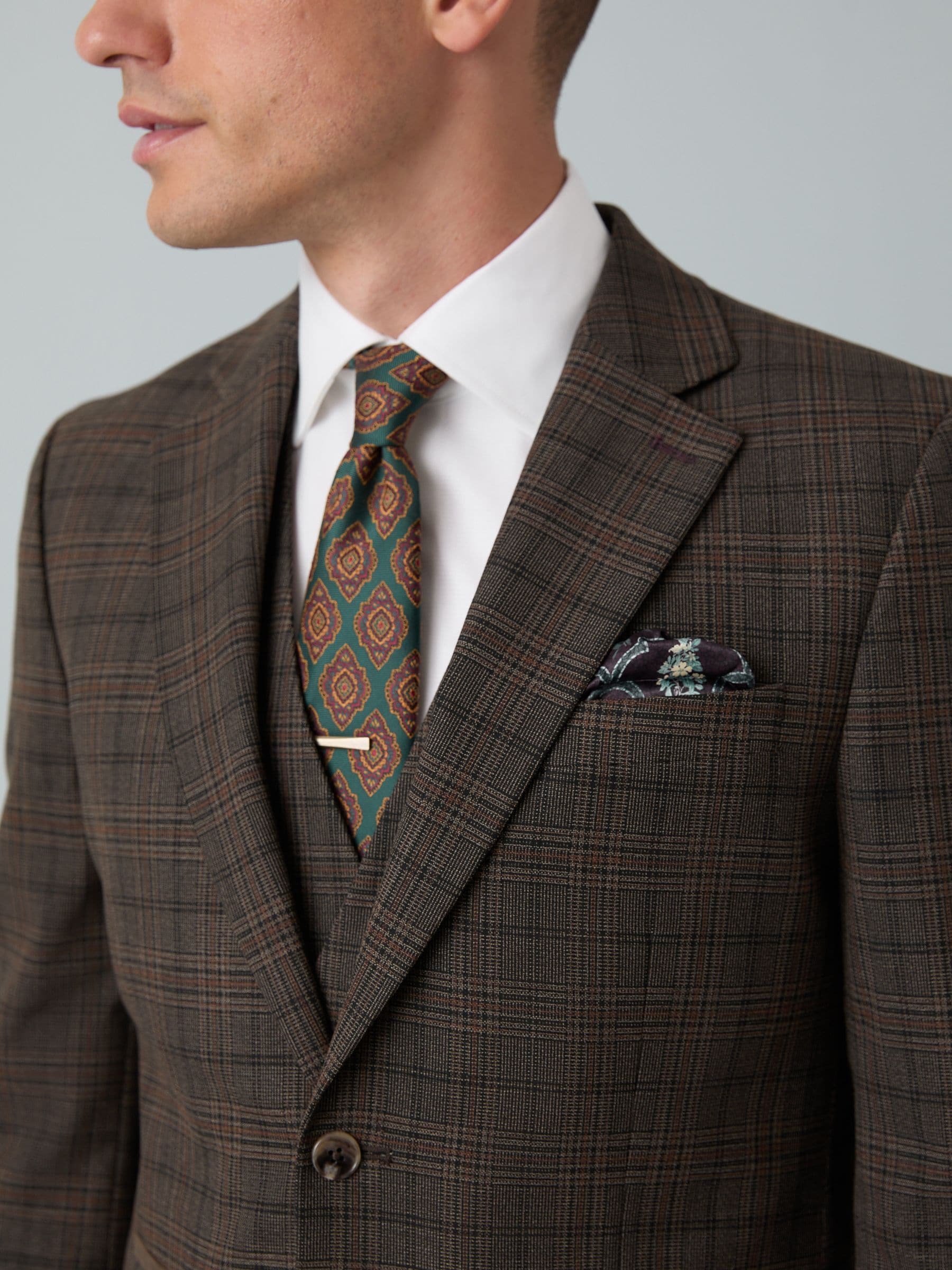 Bruin - Slim-fit maatgesneden pak met ruiten: colbert