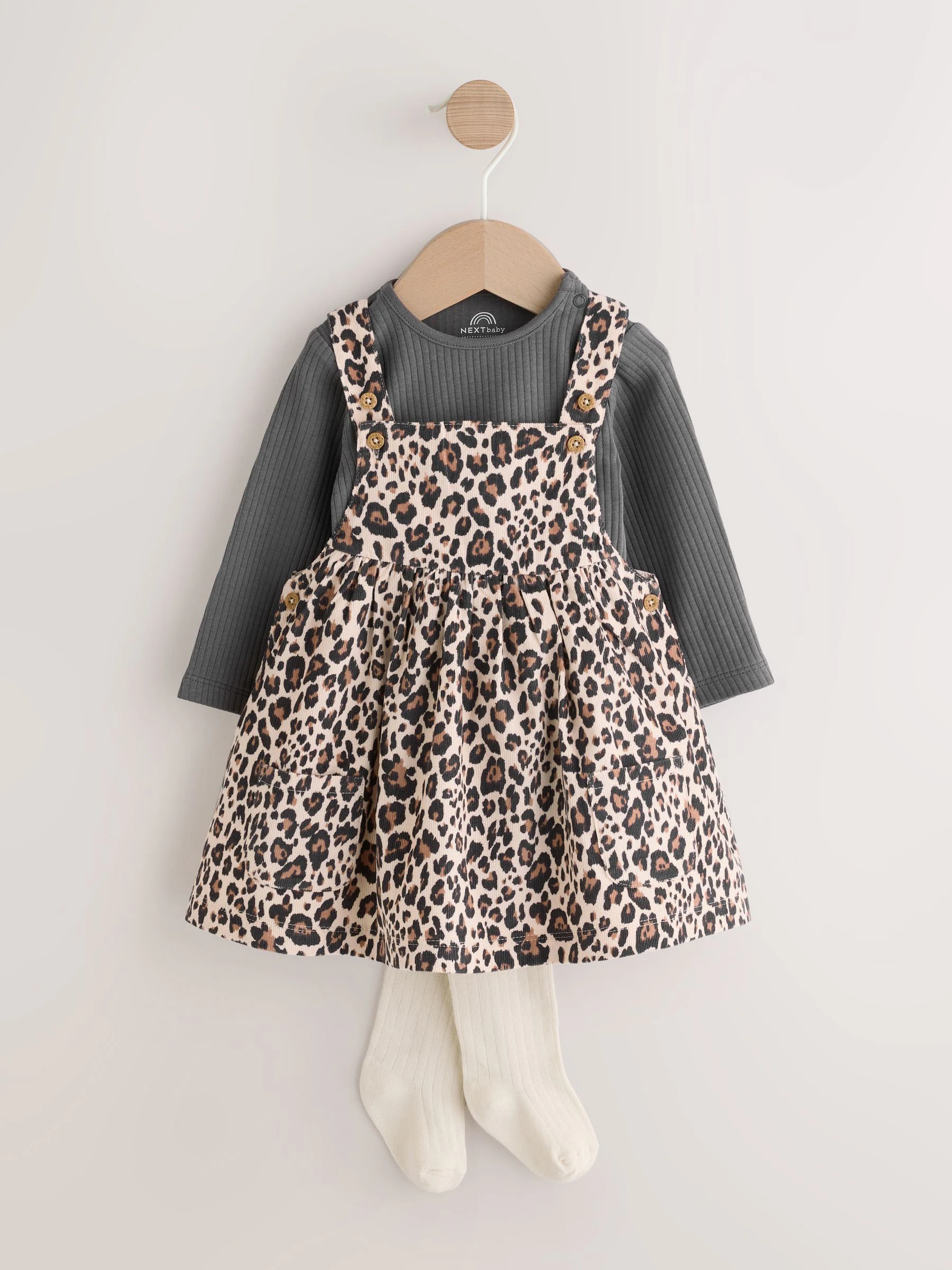 Antraciet met luipaardprint - Set van corduroy pinafore, bodysuit met lange mouwen en maillot voor baby's (0mnd-2jr)